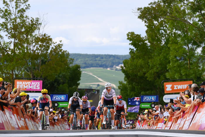 EPERNAY, FRANCE - JULY 26: (L-R) Tiffany Cromwell of Australia and Team Canyon//SRAM Racing, Ilse Pluimers of Netherlands and Team AG Insurance - NXTG, Eugenia Bujak of Slovenia and UAE Team ADQ, Maike Van Der Duin of Netherlands and Team Le Col Wahoo polka dot mountain jersey and Victoire Berteau of France and Team Cofidis Féminin cross the finishing line during the 1st Tour de France Femmes 2022, Stage 3 a 133,6km stage from Reims to Épernay / #TDFF / #UCIWWT / on July 26, 2022 in Epernay, France. (Photo by Tim de Waele/Getty Images